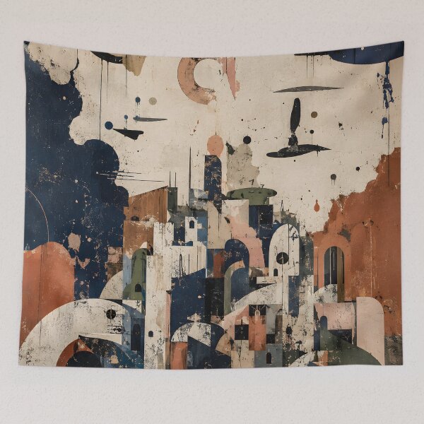 Item preview, Abstract Geometric Cityscape – Mid Century Modern Architecture in Navy & Terracotta designed and sold by GutyzDesignsES.