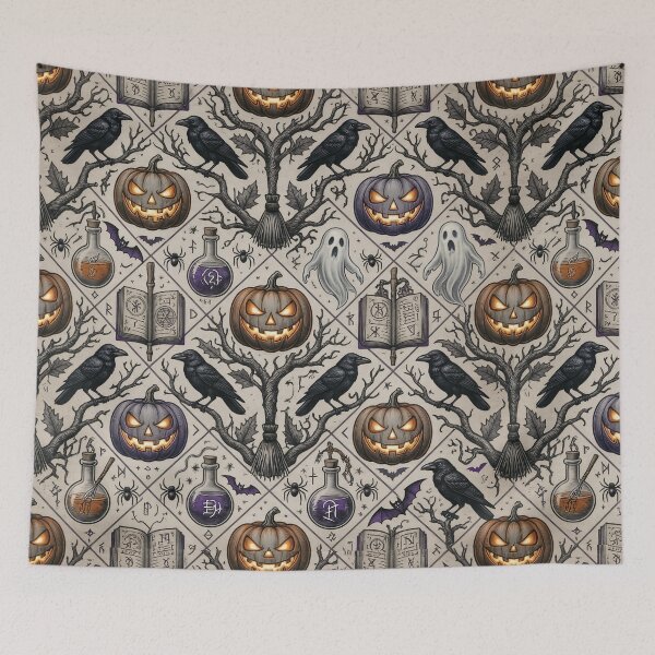 Item preview, Gothic Raven and Pumpkin Halloween Pattern – Witchy Spellbook Seamless Design designed and sold by LenNo9881.