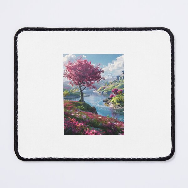 Item preview, Vibrant Pink Blossom Tree Riverside Spring Landscape Art Print designed and sold by D Digital Art.
