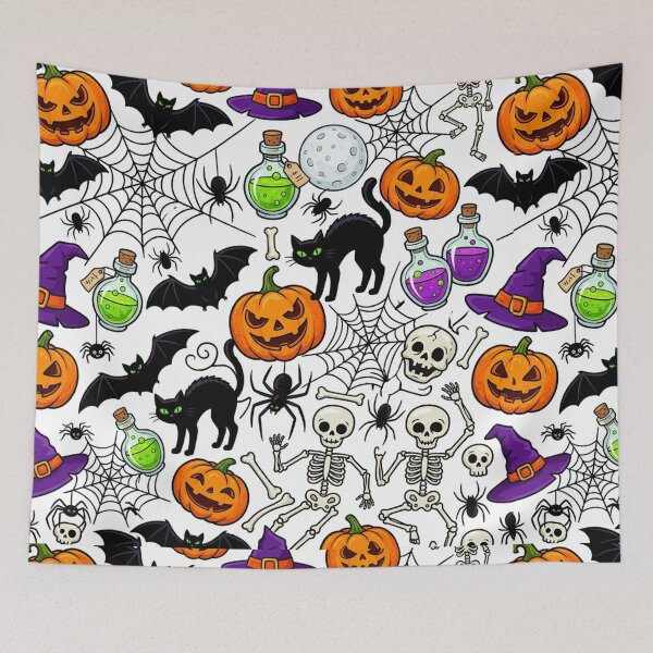 Item preview, Cute Spooky Halloween Pattern – Black Cats, Pumpkins, Skeletons and Potions designed and sold by LenNo9881.
