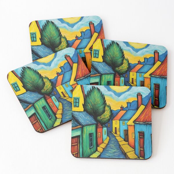 Item preview, Colorful Whimsical Village – Folk Art Houses Under a Glowing Moon designed and sold by GutyzDesignsES.