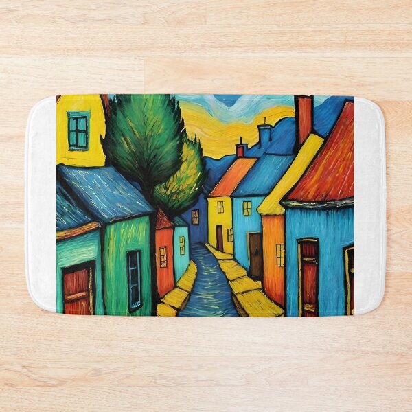 Item preview, Colorful Whimsical Village – Folk Art Houses Under a Glowing Moon designed and sold by GutyzDesignsES.