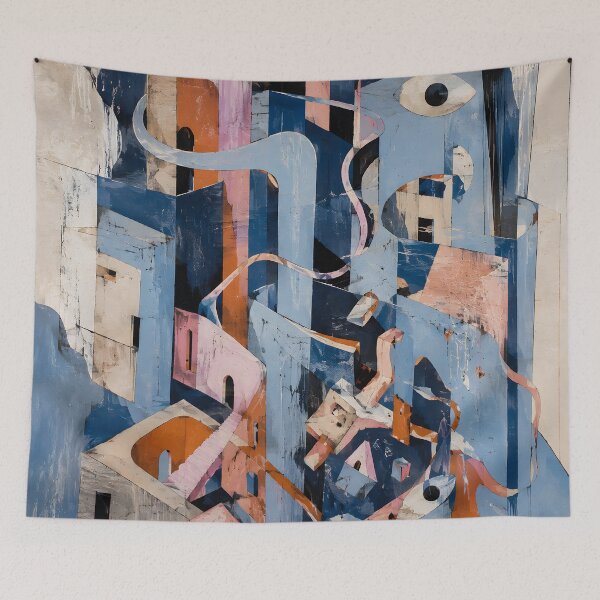 Item preview, Surreal Geometric Cityscape with Eyes – Abstract Architecture in Blue, Pink & Orange designed and sold by GutyzDesignsES.