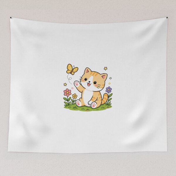 Item preview, Cute Orange Tabby Cat Watching a Butterfly Kawaii Spring Kitty designed and sold by NoopnyangStudio.