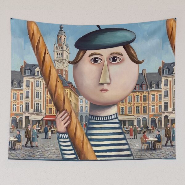 Item preview, Lille France Travel Poster | Character with Baguette in Lille Square designed and sold by LeQuirks.