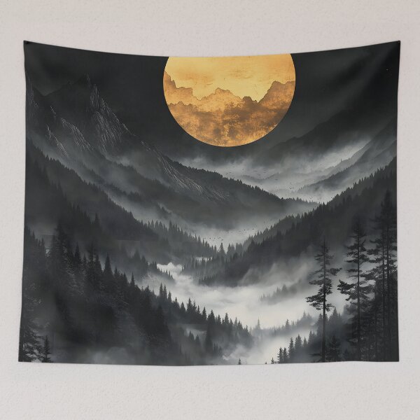 Item preview, Japanese Mountain Golden Moon Mist Forest Dark Landscape designed and sold by mildaclairmo.