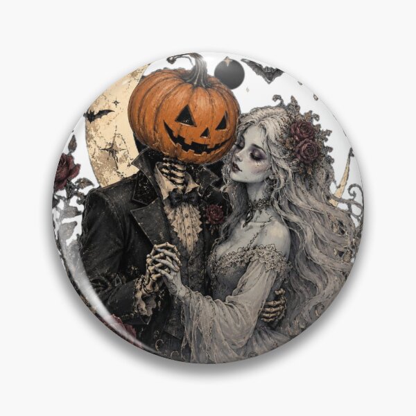 Item preview, Gothic Halloween Skeleton Couple with Pumpkin and Roses designed and sold by TheWizArt.