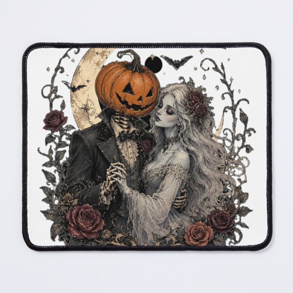 Item preview, Gothic Halloween Skeleton Couple with Pumpkin and Roses designed and sold by TheWizArt.