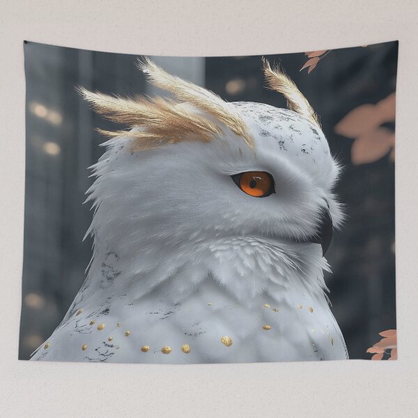 Item preview, Snowy Owl Golden Speckled Bird Cherry Blossom Guardian designed and sold by mildaclairmo.
