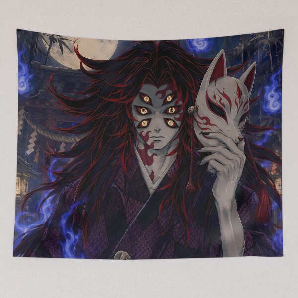 Item preview, Kokushibou Demon Slayer Kitsune Mask Blue Flame Moon designed and sold by mildaclairmo.