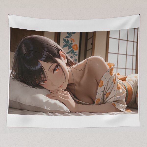 Item preview, Anime Woman in Floral Kimono Lying on Bed in Traditional Japanese Room with Shoji Screen designed and sold by JapaneseArtAI.