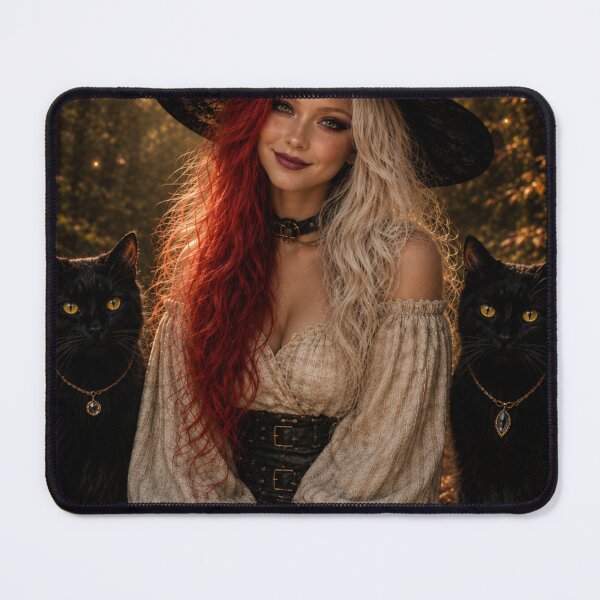 Item preview, Gothic Witch with Twin Black Cats – Crimson and Silver Hair designed and sold by WhimsyWink.