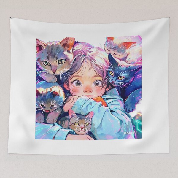 Item preview, Girl Surrounded by Loving Cats designed and sold by MyCalmDraw.