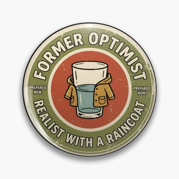 Item preview, Former Optimist Realist With Raincoat Vintage Badge designed and sold by DuckOddity.