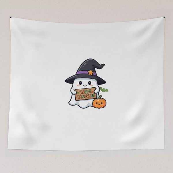 Item preview, Cute Kawaii Ghost with Happy Halloween Sign designed and sold by Amituniqdesign .