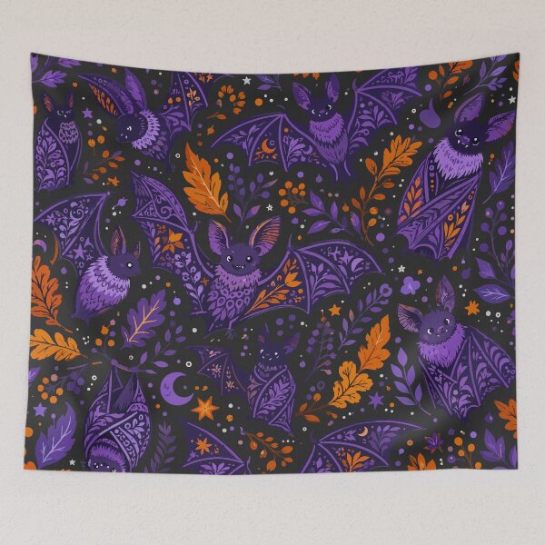 Item preview, Halloween Ornamental Bats – Purple & Orange Gothic Autumn Pattern designed and sold by ArtByBoya.