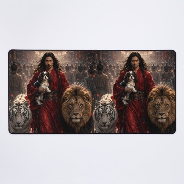Item preview, Cavalier King Charles Spaniel, White Tiger and Lion with Red Robed Warrior designed and sold by ManJiangHong.