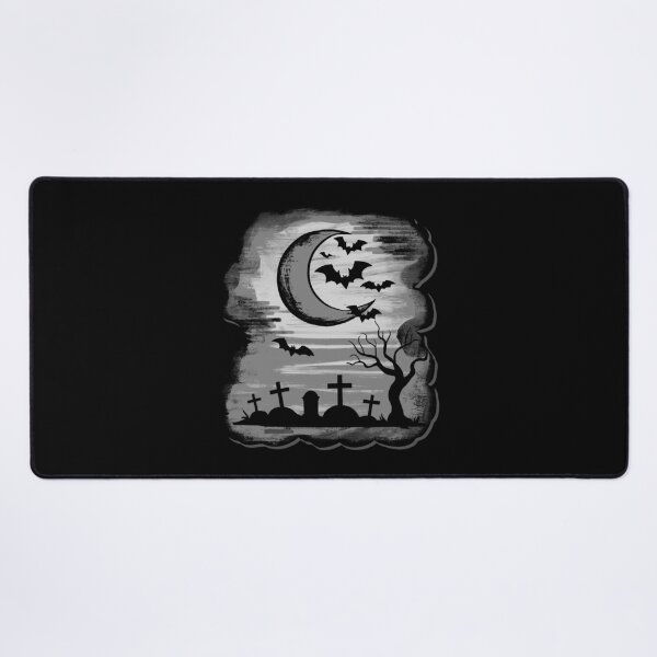 Item preview, Bat scene, monochrome moonlit night over graves designed and sold by Kirei-Lily.