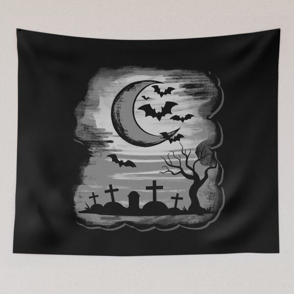 Item preview, Bat scene, monochrome moonlit night over graves designed and sold by Kirei-Lily.