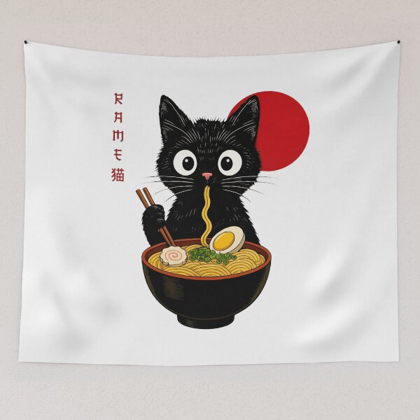 Item preview, Cute Black Cat Eating Ramen Noodles Art designed and sold by Dmo3HarkoArt.