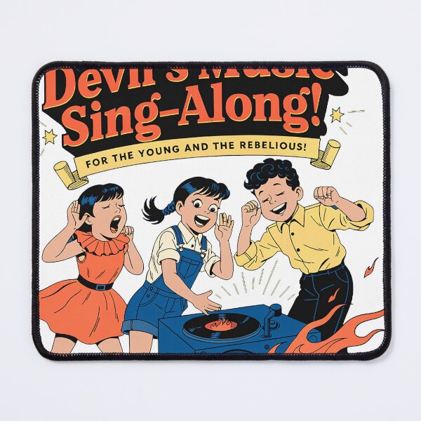Item preview, "Stereo Devil's Music Sing-Along! Vintage Rebel Kids & Flaming Record Player Art | Retro Punk Poster for Music Lovers" designed and sold by CHRONIN.