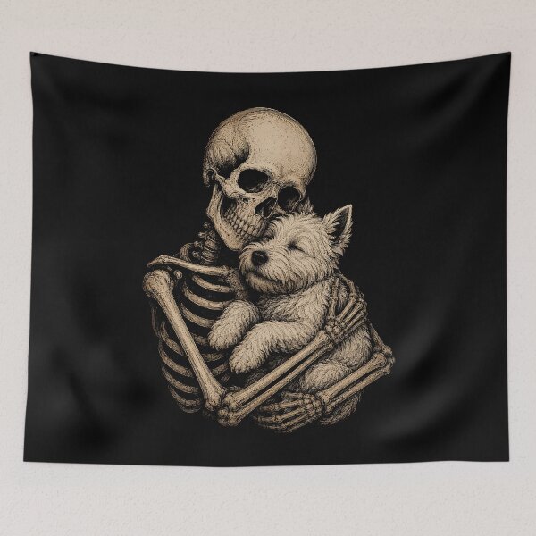 Item preview, Skeleton cuddling Westie West Highland Terrier halloween illustration designed and sold by rafaeltto.