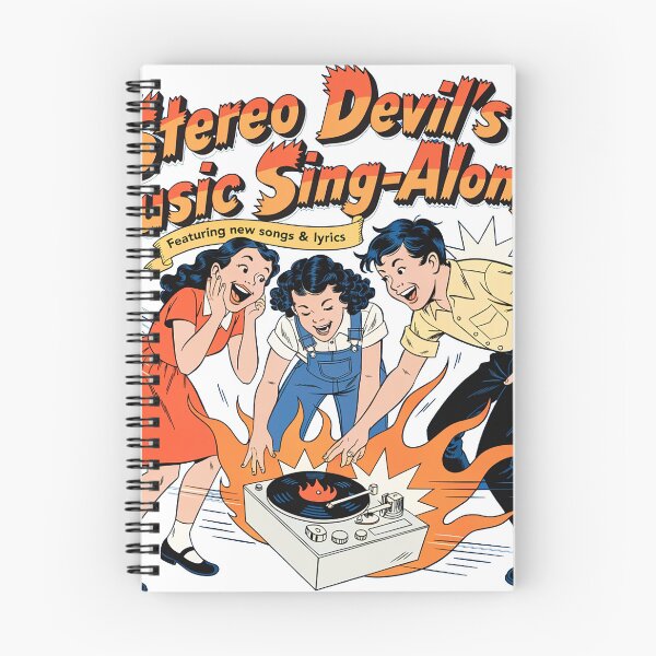 Item preview, "Stereo Devil’s Music Sing-Along! Vintage Kids Grooving to Flaming Record Player Art | Retro Rock ‘n’ Roll Poster Featuring New Songs & Lyrics" designed and sold by CHRONIN.