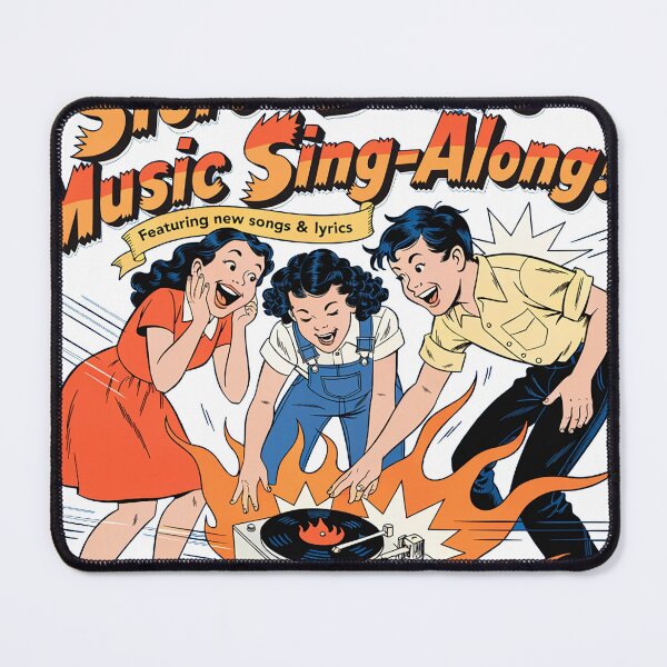 Item preview, "Stereo Devil’s Music Sing-Along! Vintage Kids Grooving to Flaming Record Player Art | Retro Rock ‘n’ Roll Poster Featuring New Songs & Lyrics" designed and sold by CHRONIN.