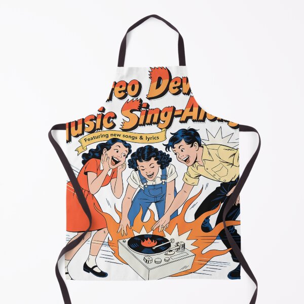 Item preview, "Stereo Devil’s Music Sing-Along! Vintage Kids Grooving to Flaming Record Player Art | Retro Rock ‘n’ Roll Poster Featuring New Songs & Lyrics" designed and sold by CHRONIN.