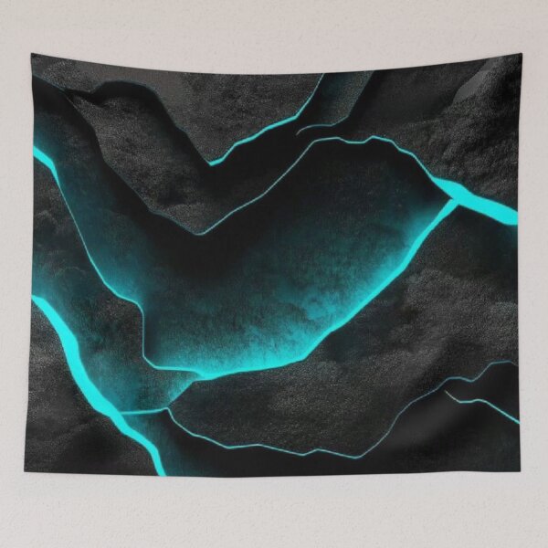Item preview, Glowing Neon Cyan Cracks in Dark Obsidian Rock Abstract Texture designed and sold by LYAN-STORE.