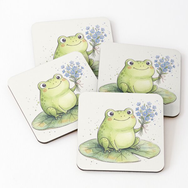 Item preview, Cute Watercolor Frog holding Blue Forget Me Not Flowers designed and sold by chriswo-design.