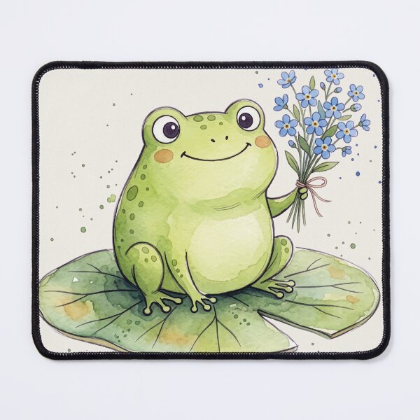 Item preview, Cute Watercolor Frog holding Blue Forget Me Not Flowers designed and sold by chriswo-design.
