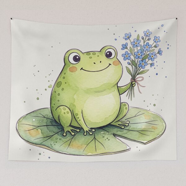 Item preview, Cute Watercolor Frog holding Blue Forget Me Not Flowers designed and sold by chriswo-design.