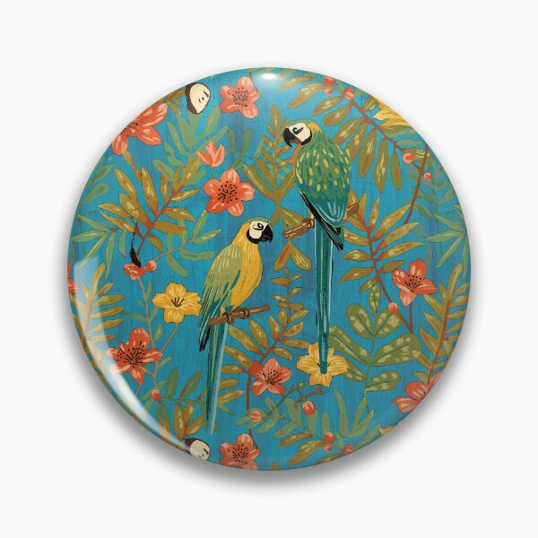 Item preview, Lush Arts and crafts parrot jungle on aqua blue designed and sold by Anne Londez Studio.