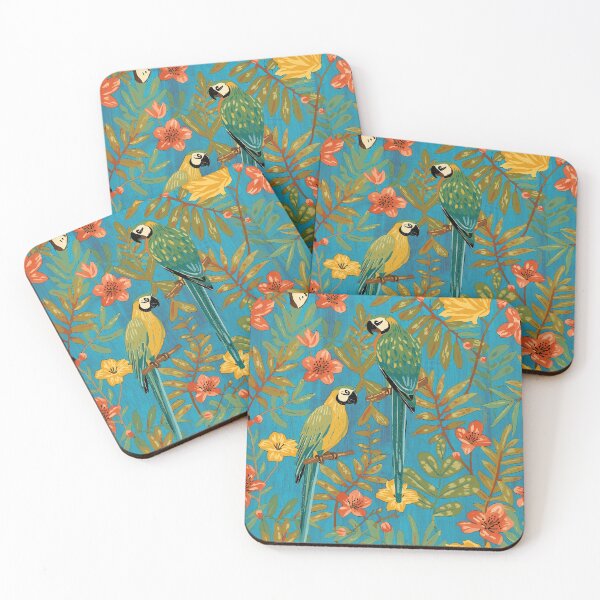 Item preview, Lush Arts and crafts parrot jungle on aqua blue designed and sold by Anne Londez Studio.