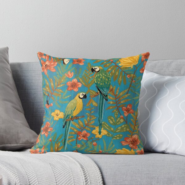 Item preview, Lush Arts and crafts parrot jungle on aqua blue designed and sold by Anne Londez Studio.