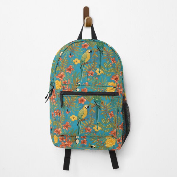 Item preview, Lush Arts and crafts parrot jungle on aqua blue designed and sold by Anne Londez Studio.