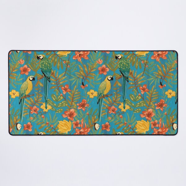 Item preview, Lush Arts and crafts parrot jungle on aqua blue designed and sold by Anne Londez Studio.