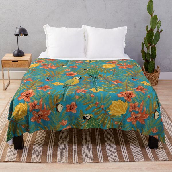 Item preview, Lush Arts and crafts parrot jungle on aqua blue designed and sold by Anne Londez Studio.
