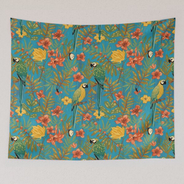 Item preview, Lush Arts and crafts parrot jungle on aqua blue designed and sold by Anne Londez Studio.