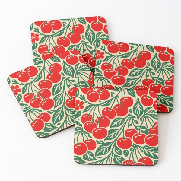 Item preview, Vintage Red Cherries Floral Block Print William Morris Style Pattern designed and sold by LYAN-STORE.