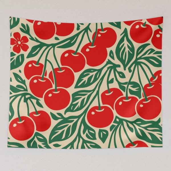 Item preview, Vintage Red Cherries Floral Block Print William Morris Style Pattern designed and sold by LYAN-STORE.
