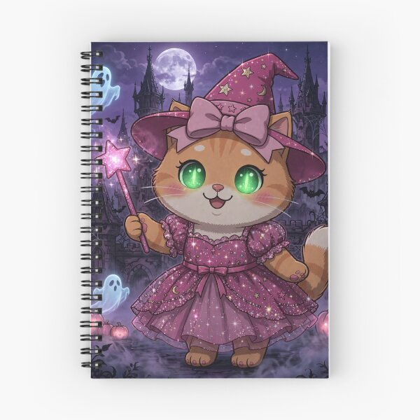 Item preview, Cute Pink Witch Cat Castle Ghosts Pumpkins designed and sold by Moody Vibes Studio.