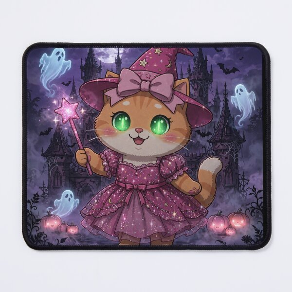 Item preview, Cute Pink Witch Cat Castle Ghosts Pumpkins designed and sold by Moody Vibes Studio.