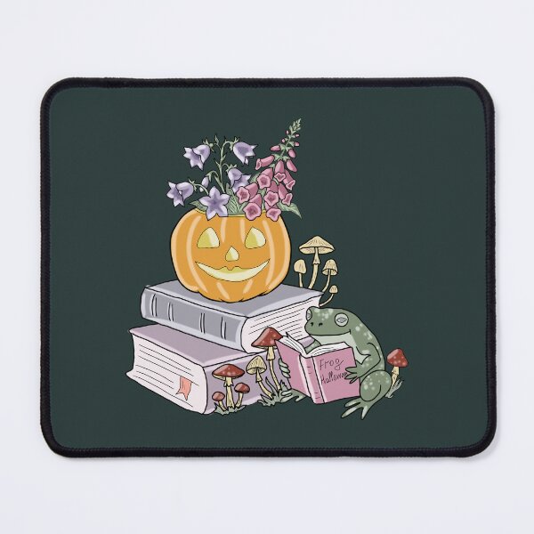 Item preview, Frog Halloween Reading Book with Pumpkin Flowers and Mushrooms Cottagecore Autumn Art designed and sold by LeshanArt.