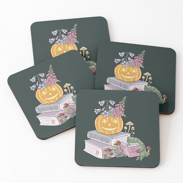 Item preview, Frog Halloween Reading Book with Pumpkin Flowers and Mushrooms Cottagecore Autumn Art designed and sold by LeshanArt.