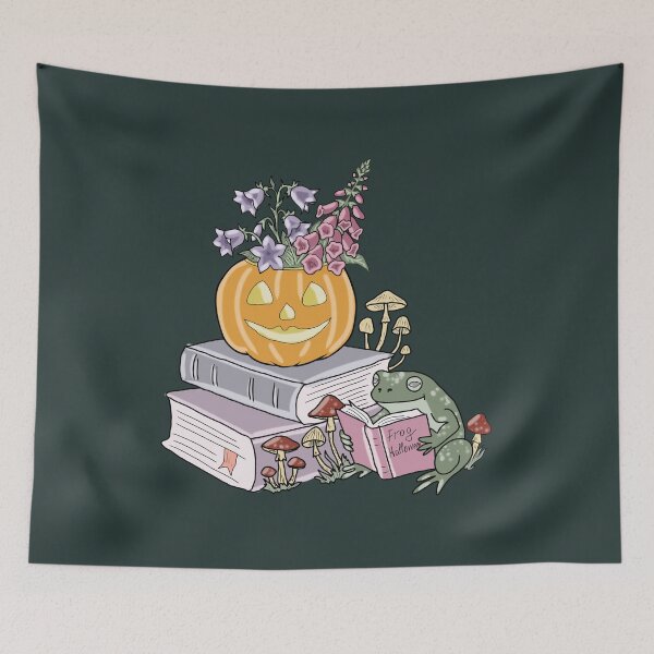 Item preview, Frog Halloween Reading Book with Pumpkin Flowers and Mushrooms Cottagecore Autumn Art designed and sold by LeshanArt.