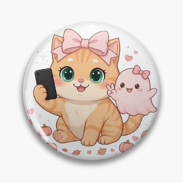 Aperçu de l'œuvre Chat fantôme mignon pour selfie, meilleure amie, citrouilles roses créée et vendue par Luna's World .