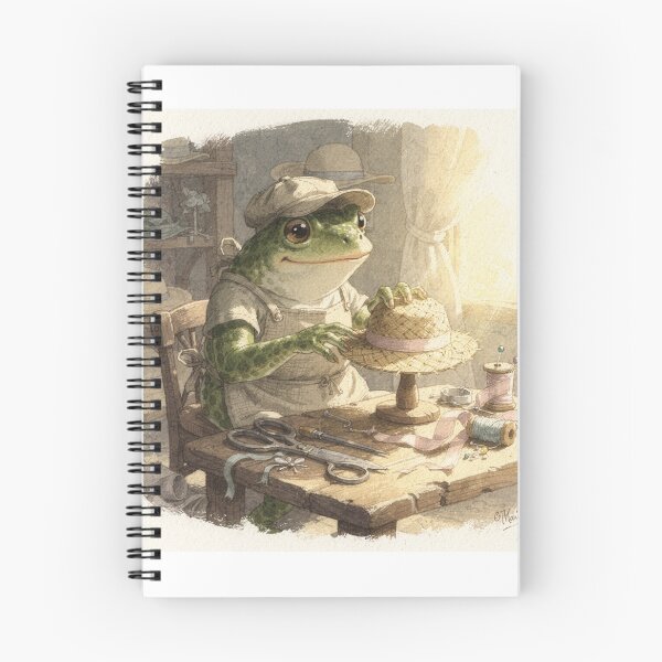 Item preview, Frog Milliner Blocking a Tiny Straw Hat Cottagecore Art designed and sold by PictorialWhimsy.