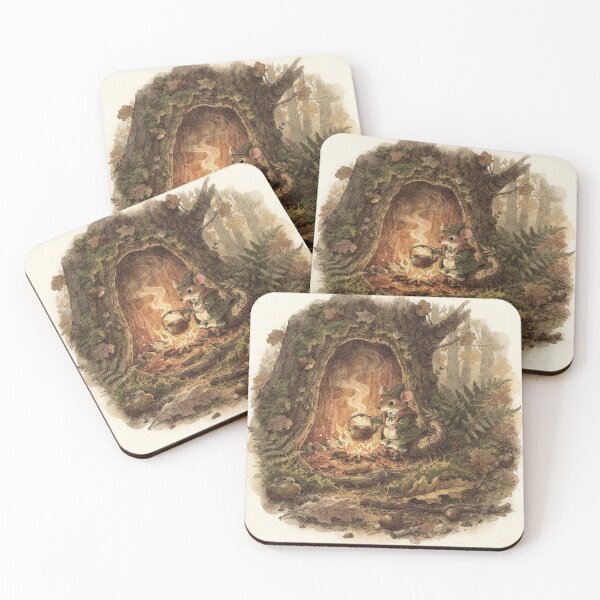 Item preview, Mouse Folk Brewing Tea in an Acorn-Shell Kettle Storybook Art designed and sold by PictorialWhimsy.